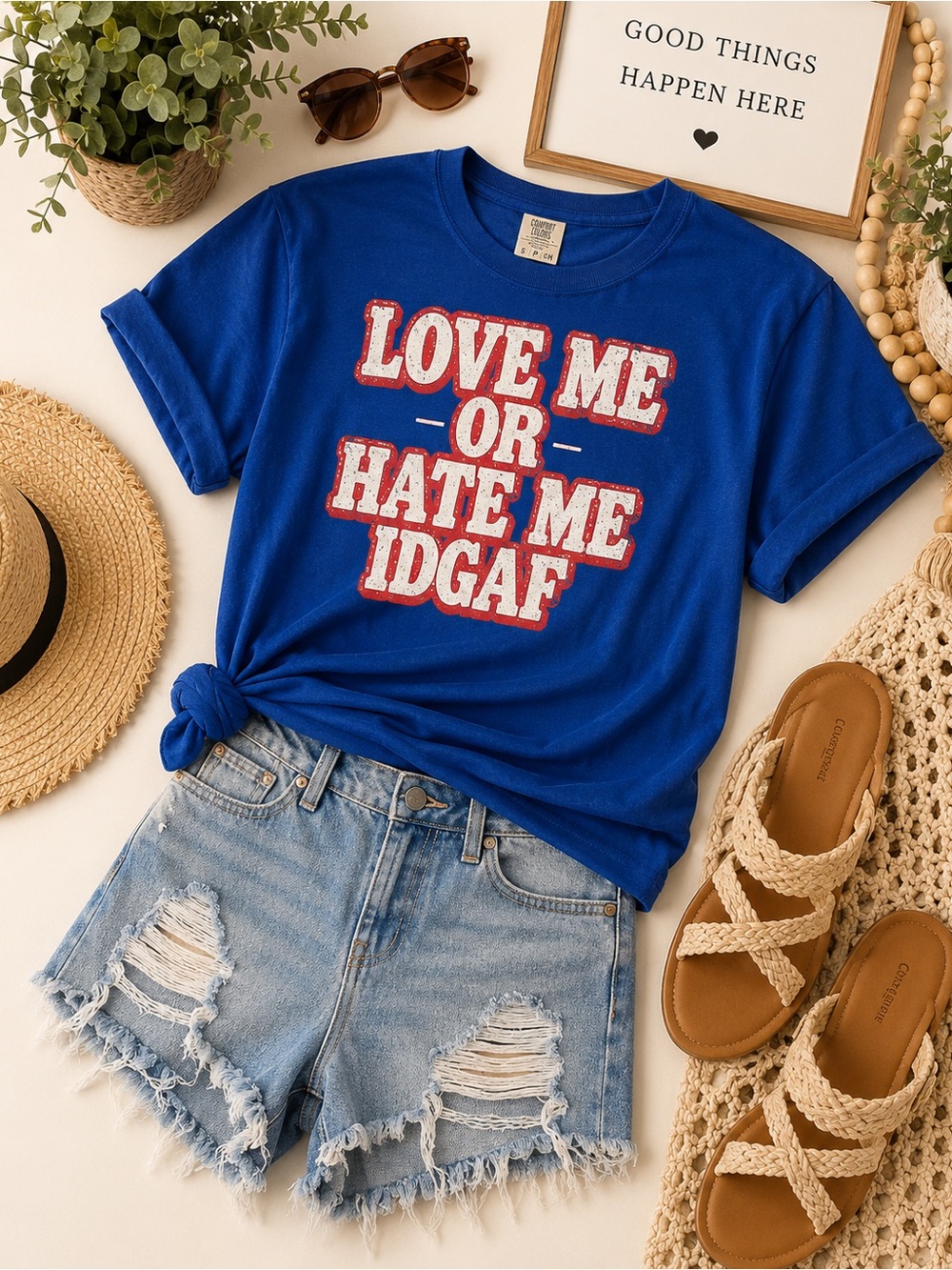Blue Graphic Tee "Love Me Or Hate Me IDGAF"